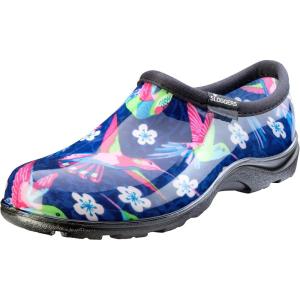 Sloggers Original Waterproof Rain and Garden Shoe for Women– Outdoor Slip-On Garden Clog – Made in The USA with Premium Comfort Insole and Arch Support(Blue/Pink Hummingbird Print)