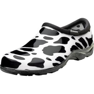 Sloggers Original Waterproof Rain and Garden Shoe for Women– Outdoor Slip-On Garden Clog – Made in The USA with Premium Comfort Insole and Arch Support(Moo Print Black White)