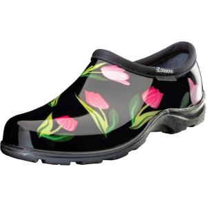Sloggers Original Waterproof Rain and Garden Shoe for Women– Outdoor Slip-On Garden Clog – Made in The USA with Premium Comfort Insole and Arch Support(Tulip Black Print)
