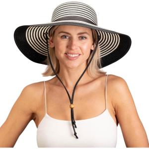 Sloggers Women’s Wide Brim Braided Sun Hat with Wind Lanyard – UPF 50+ Maximum Sun Protection(Black White)