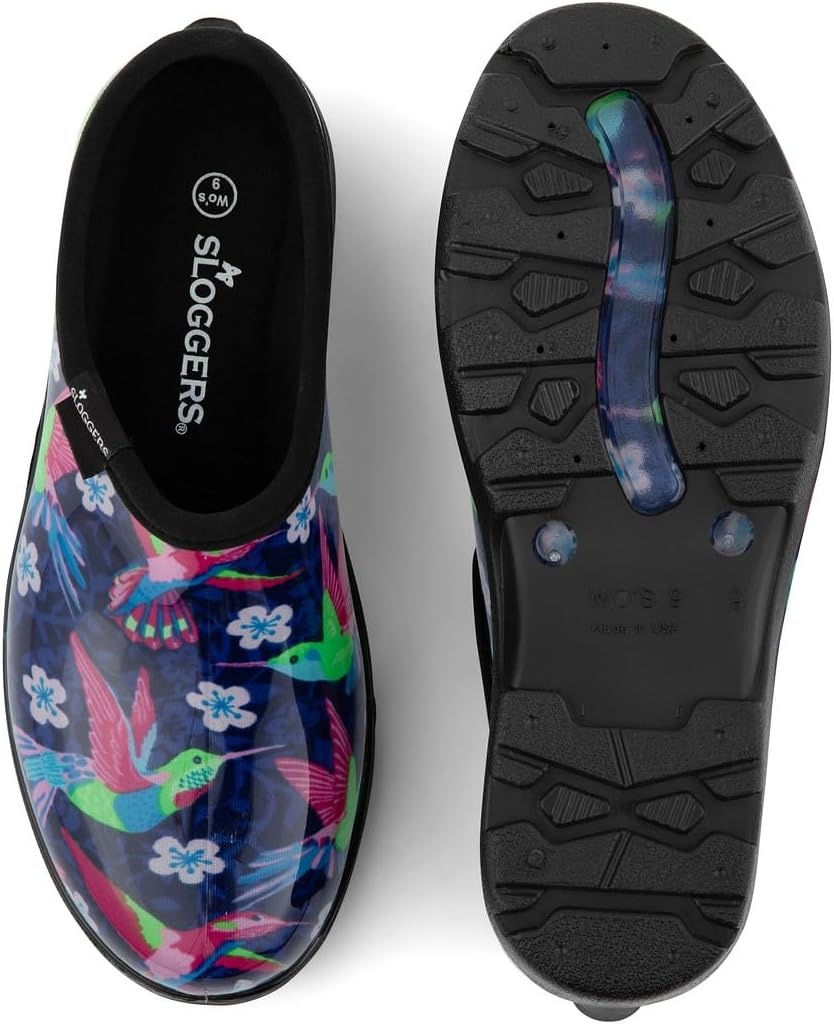 image:imageSloggers Original Waterproof Rain and Garden Shoe for Women Outdoor SlipOn Garden ClogBluePink Hummingbird Print