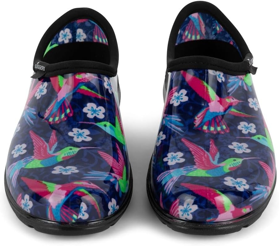 image:imageSloggers Original Waterproof Rain and Garden Shoe for Women Outdoor SlipOn Garden ClogBluePink Hummingbird Print