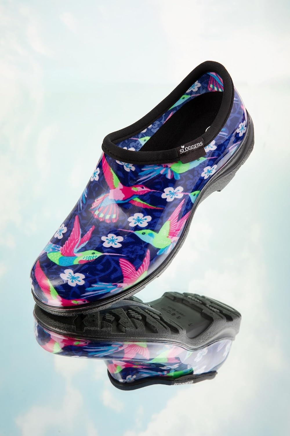 image:imageSloggers Original Waterproof Rain and Garden Shoe for Women Outdoor SlipOn Garden ClogBluePink Hummingbird Print