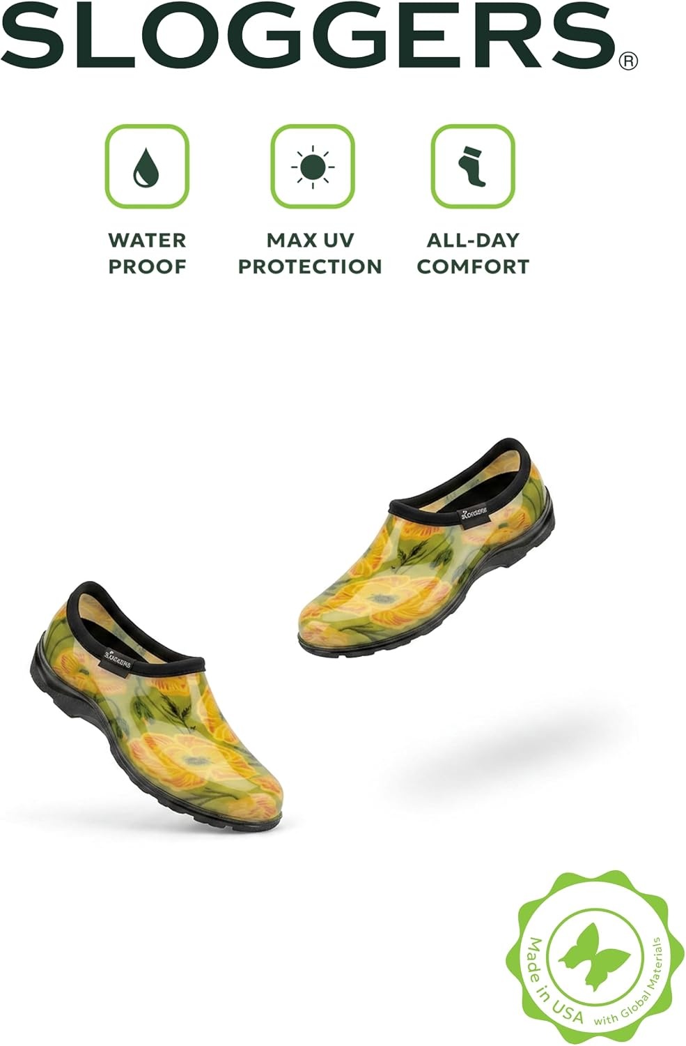 image:imageSloggers Original Waterproof Rain and Garden Shoe for Women Outdoor SlipOn Garden ClogBold Poppies Lt Green