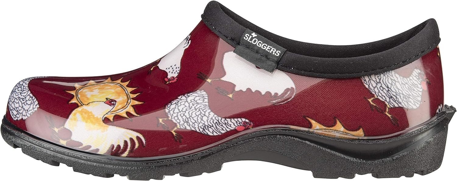 image:imageSloggers Original Waterproof Rain and Garden Shoe for Women Outdoor SlipOn Garden ClogChicken Print Barn Red