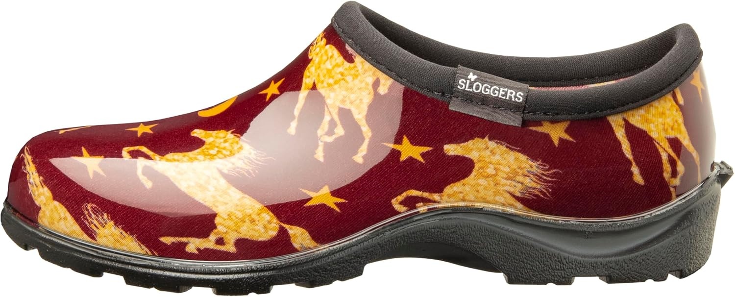 image:imageSloggers Original Waterproof Rain and Garden Shoe for Women Outdoor SlipOn Garden ClogHorse Stars Barn Red