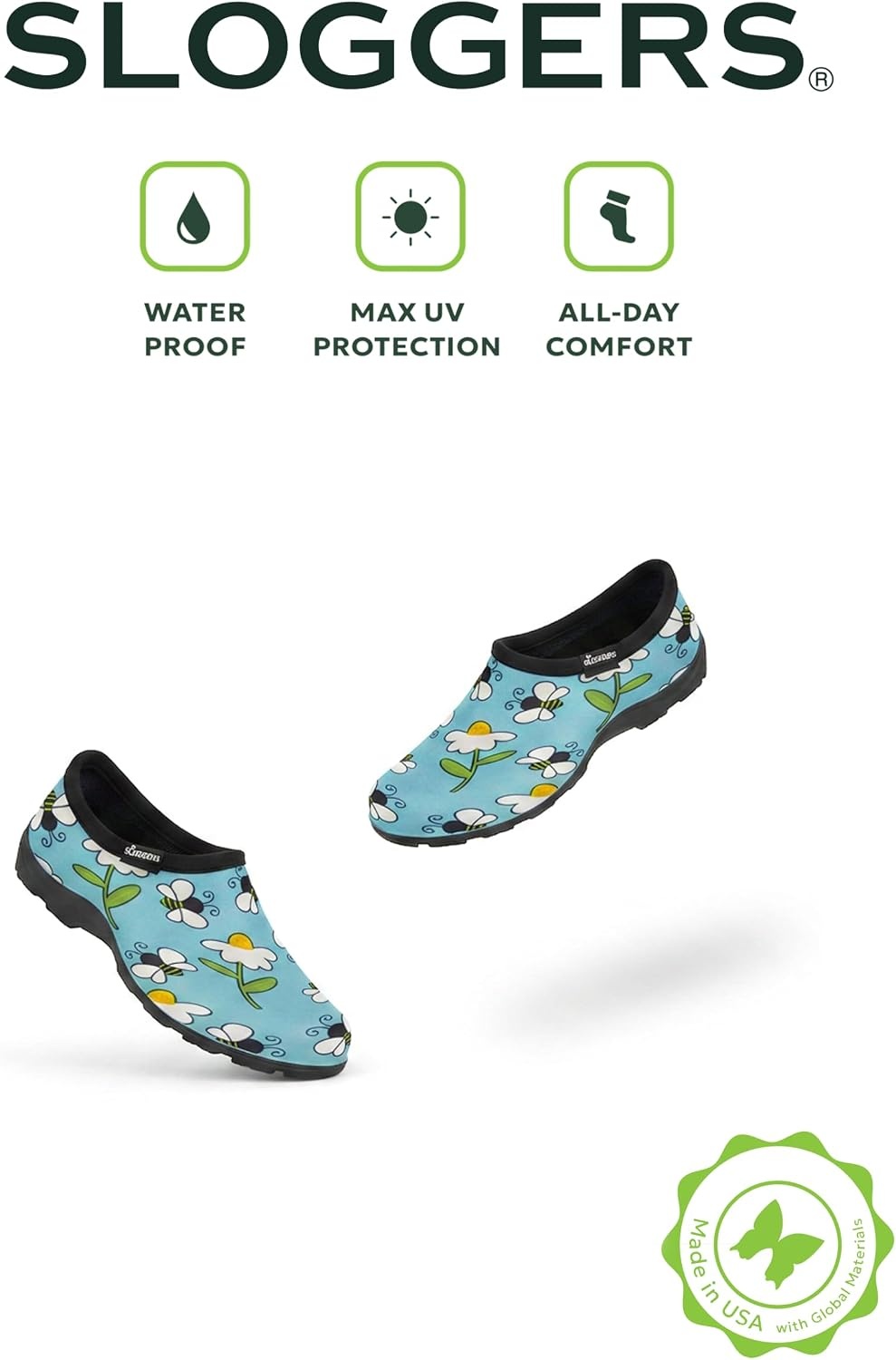 image:imageSloggers Original Waterproof Rain and Garden Shoe for Women Outdoor SlipOn Garden ClogLt Blue Bee Print