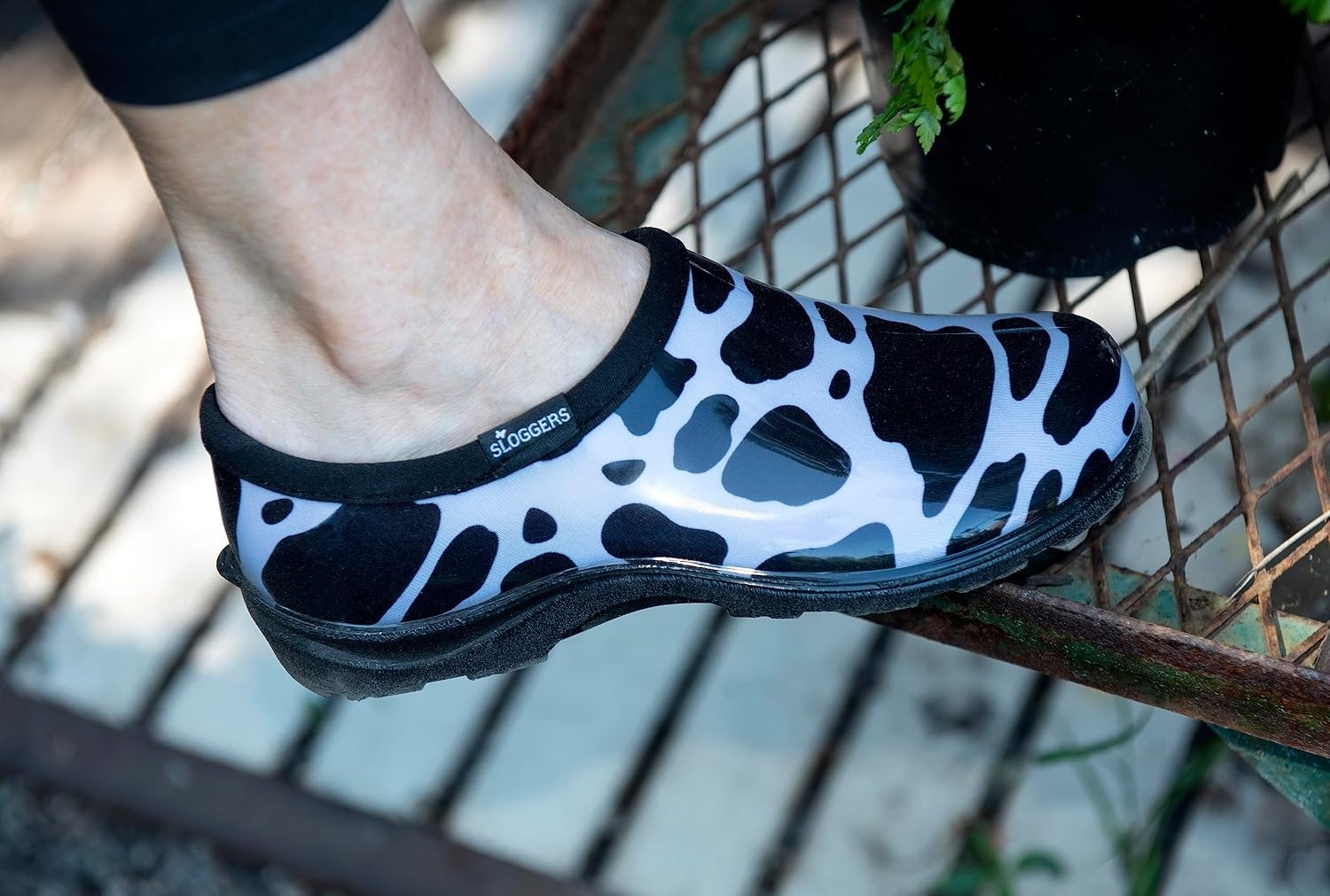 image:imageSloggers Original Waterproof Rain and Garden Shoe for Women Outdoor SlipOn Garden ClogMoo Print Black White