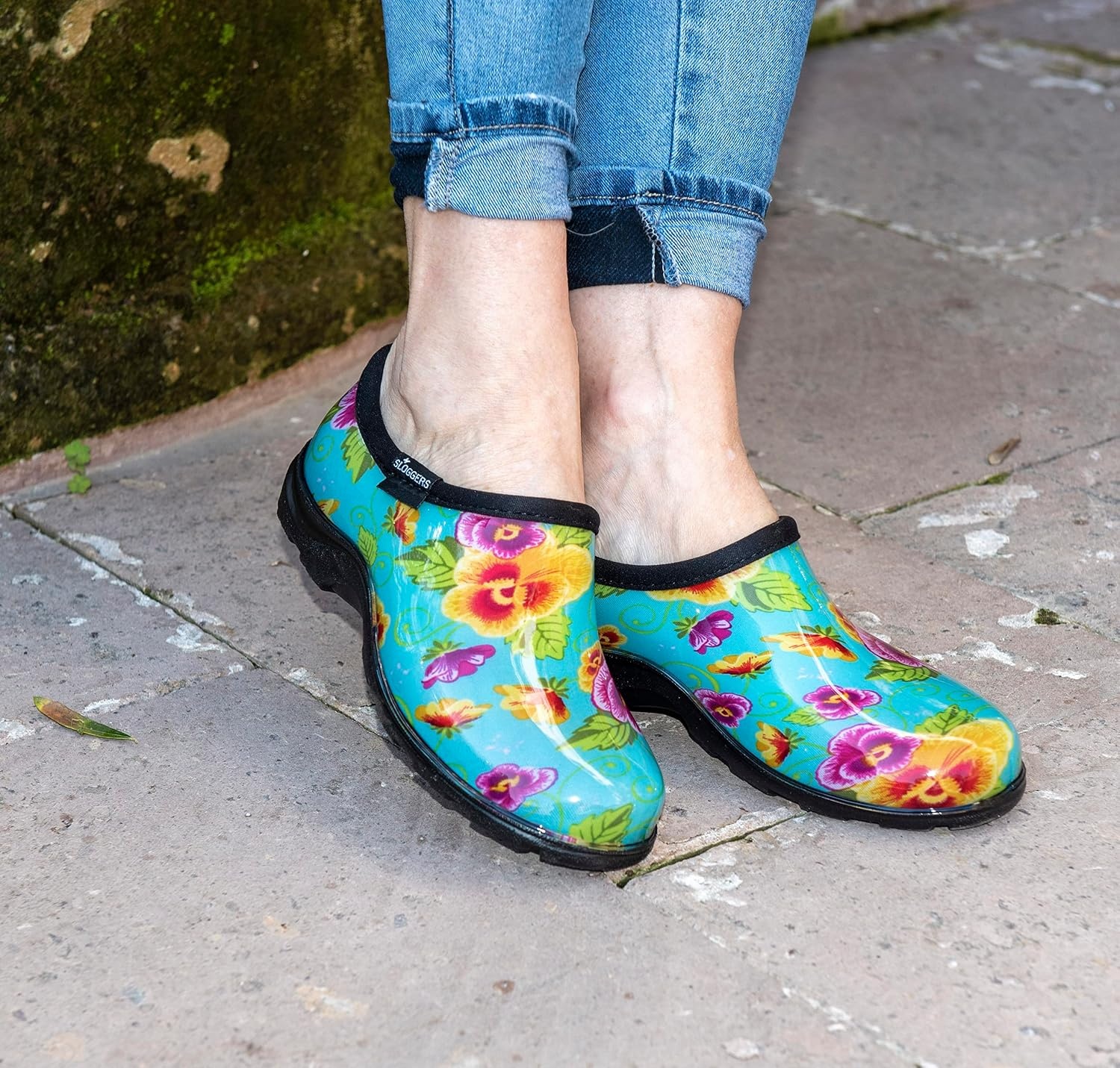 image:imageSloggers Original Waterproof Rain and Garden Shoe for Women Outdoor SlipOn Garden ClogPansy Print Turquoise