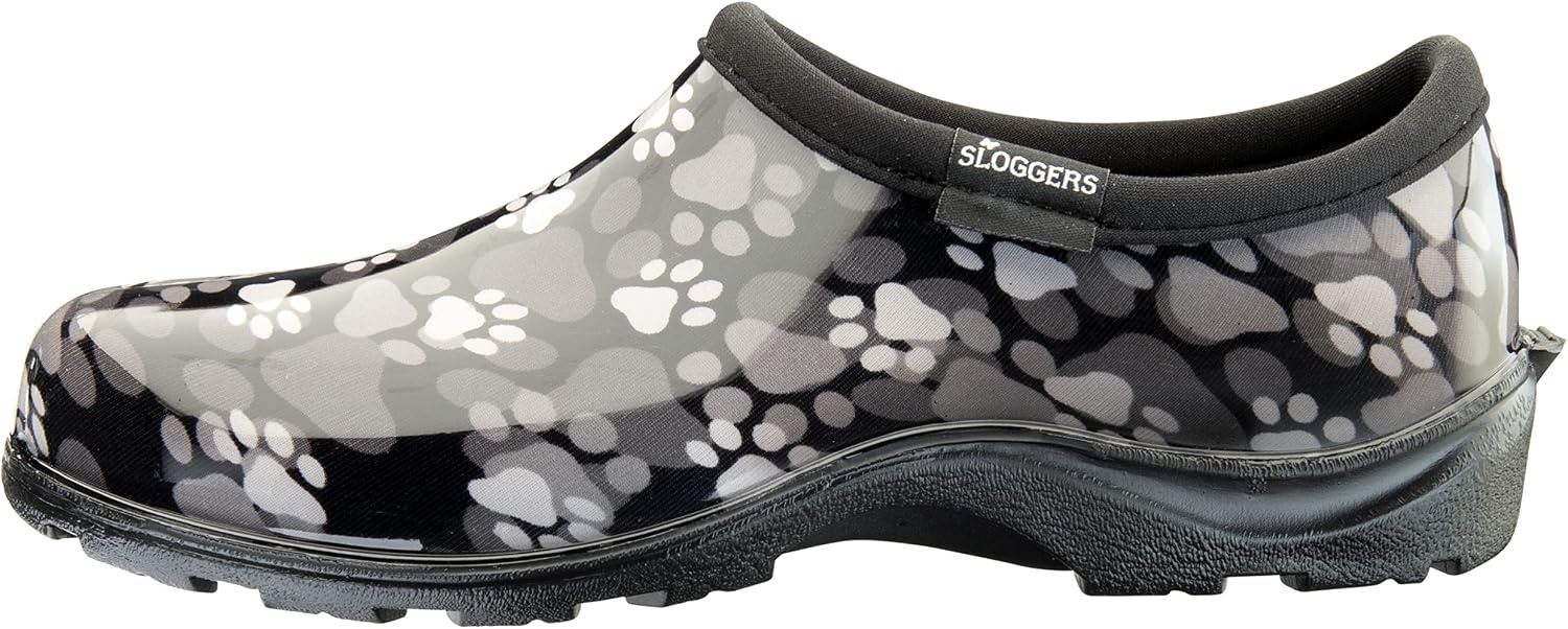 image:imageSloggers Original Waterproof Rain and Garden Shoe for Women Outdoor SlipOn Garden ClogPaw Print BlackWhite