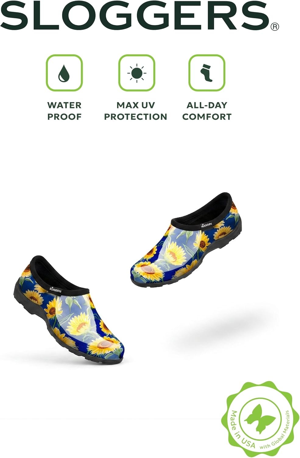 image:imageSloggers Original Waterproof Rain and Garden Shoe for Women Outdoor SlipOn Garden ClogSunflower Print Blue