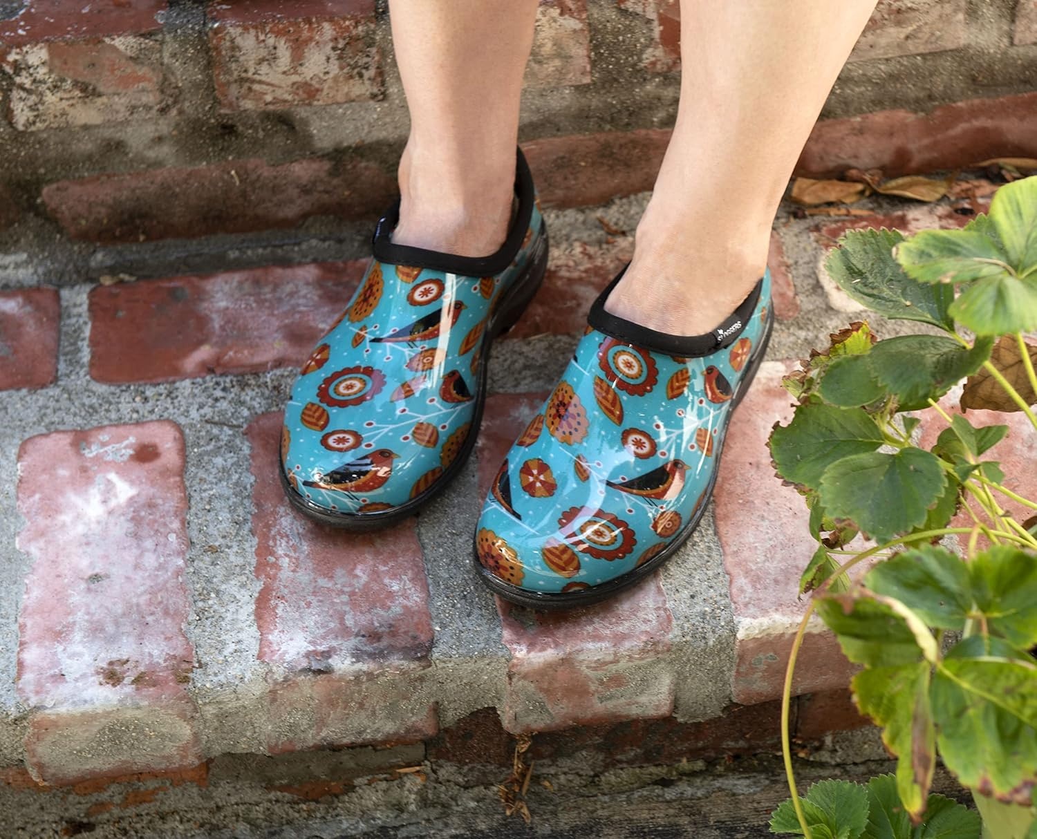 image:imageSloggers Original Waterproof Rain and Garden Shoe for Women Outdoor SlipOn Garden ClogTq Bird Print Turquoise