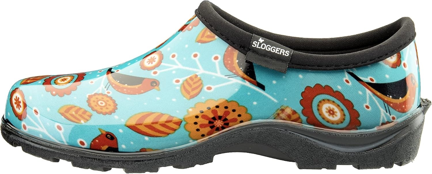 image:imageSloggers Original Waterproof Rain and Garden Shoe for Women Outdoor SlipOn Garden ClogTq Bird Print Turquoise