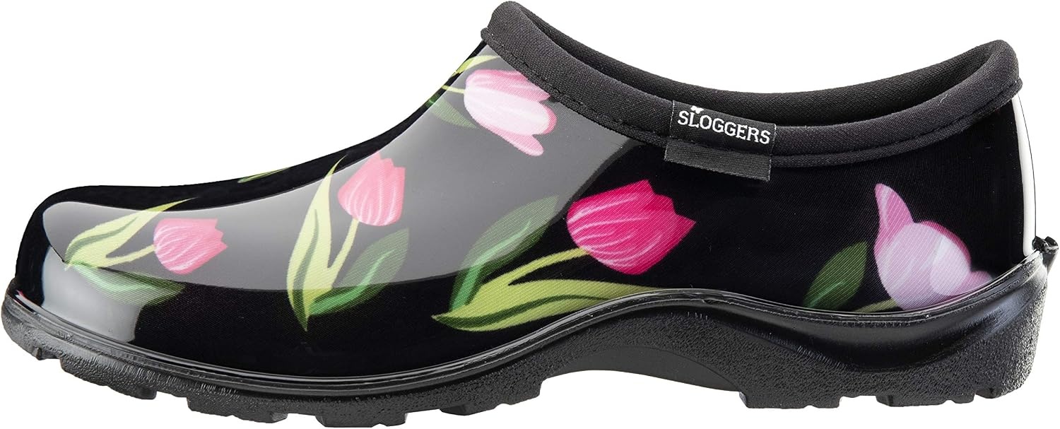 image:imageSloggers Original Waterproof Rain and Garden Shoe for Women Outdoor SlipOn Garden ClogTulip Black Print