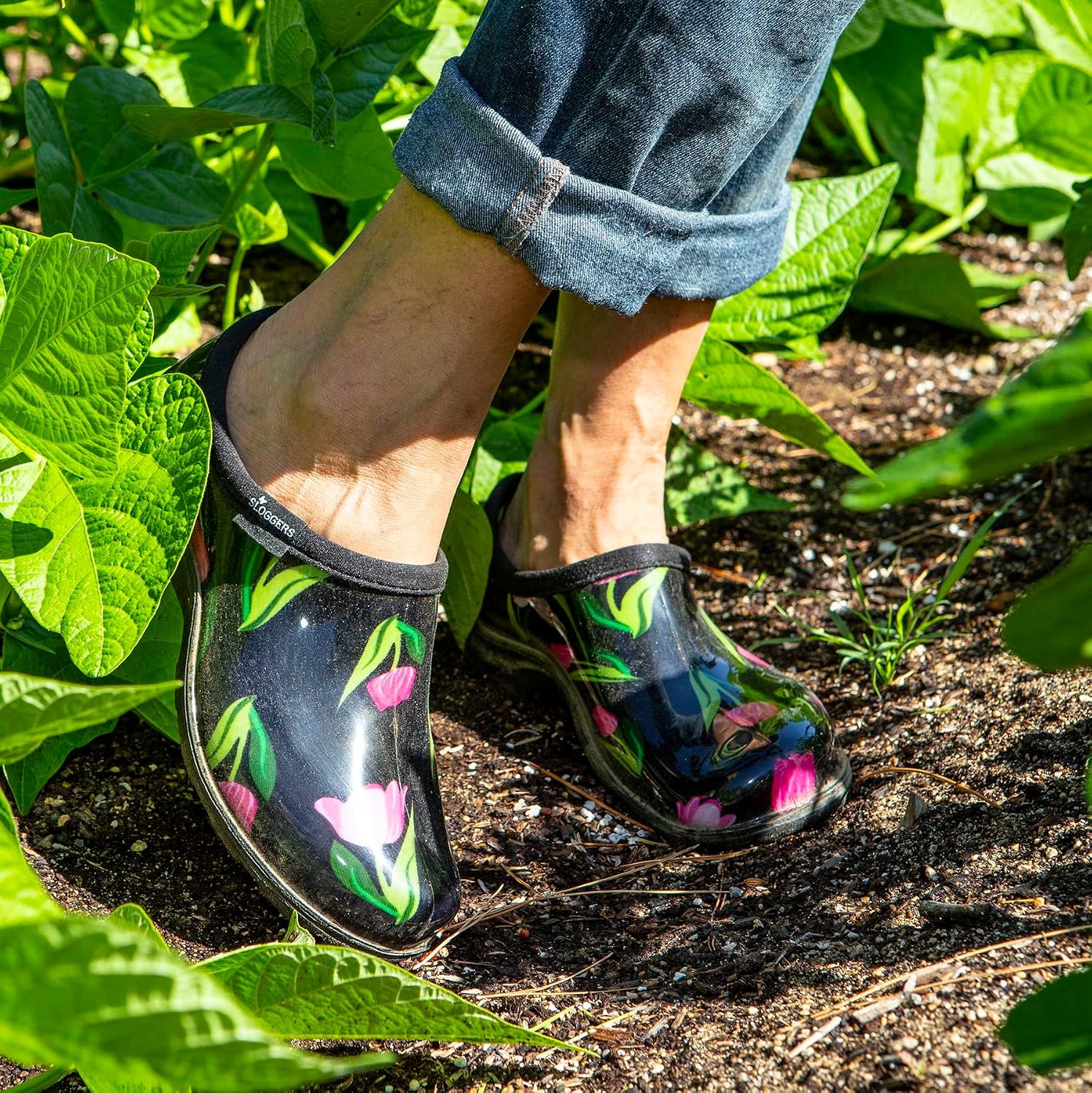 image:imageSloggers Original Waterproof Rain and Garden Shoe for Women Outdoor SlipOn Garden ClogTulip Black Print