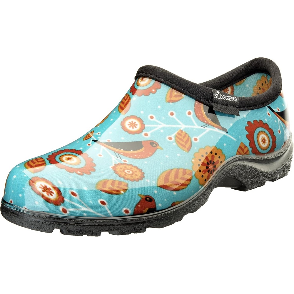 image:imageSloggers Original Waterproof Rain and Garden Shoe for Women Outdoor SlipOn Garden ClogTq Bird Print Turquoise